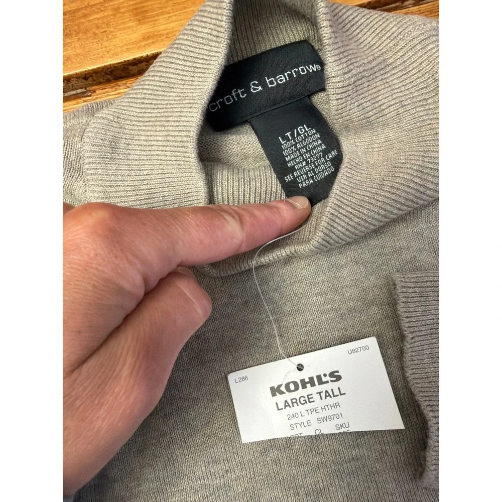 Croft & Barrow Mock Neck Sweater Men Large Tall Taupe Heather Cotton Classic NEW